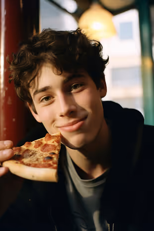 Young man with curly hair smiling and holding a slice of pepperoni pizza.